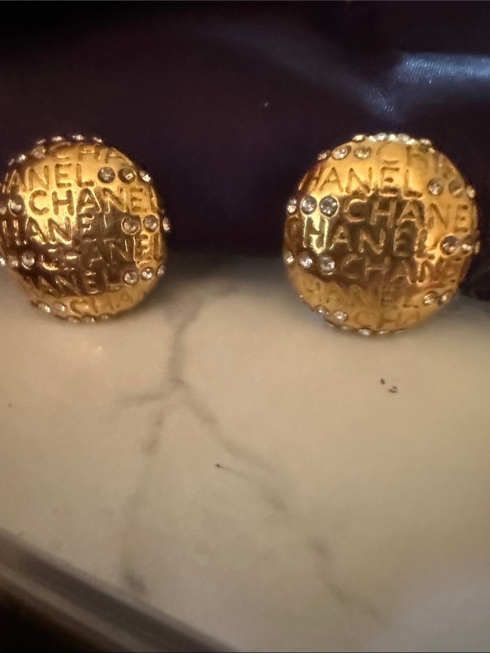 CHANEL Gold Embossed Logo Vintage Button Earrings With Rhinestones